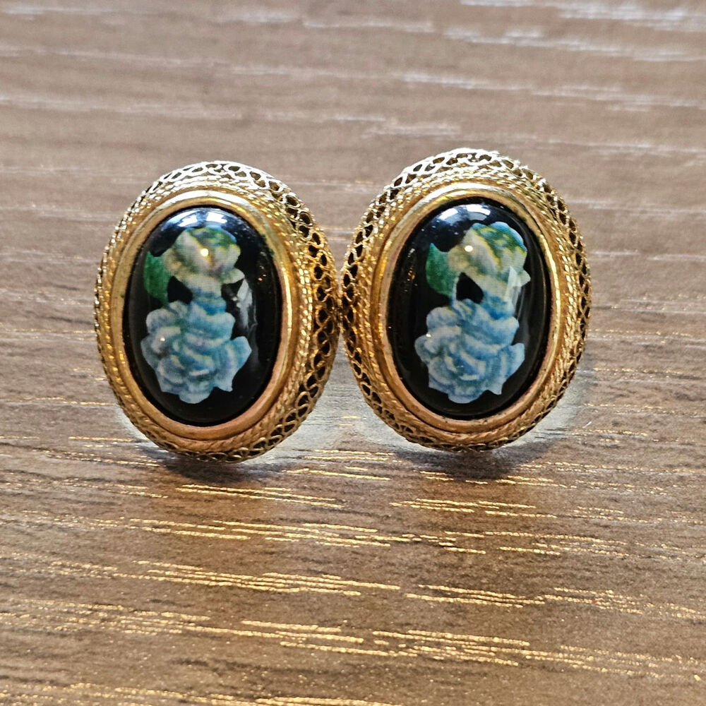Vintage Black Enamel Floral Oval Earrings with Gold Filigree Surround